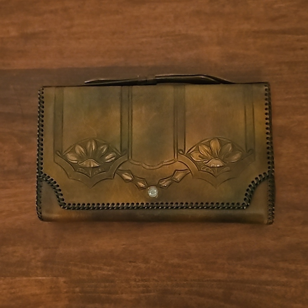 Antique Art Nouveau Tooled Floral Leather Expandable Wallet Clutch Bag - Picture 2 of 16
